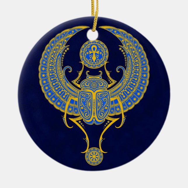 Egyptian Winged Scarab, Blue Ceramic Tree Decoration (Front)