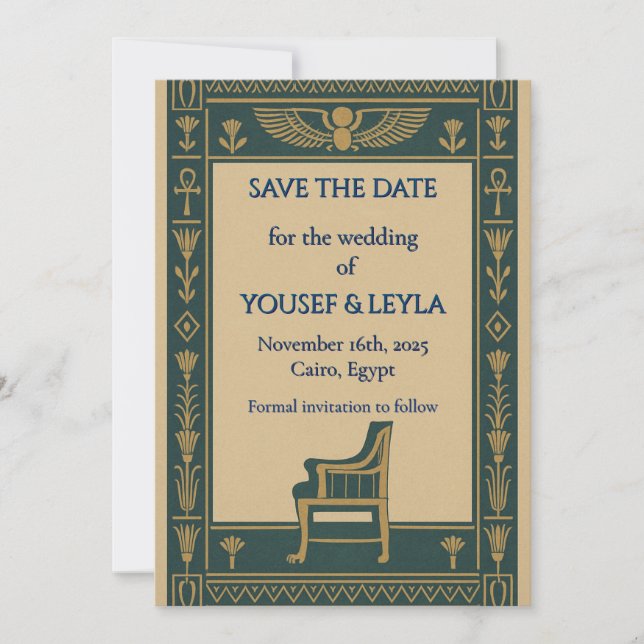 Egyptian Winged Scarab Throne Gold Save the Date (Front)