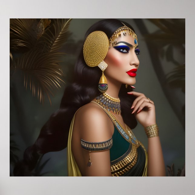 Egyptian woman Exotic gold green dress blue jewels Poster (Front)