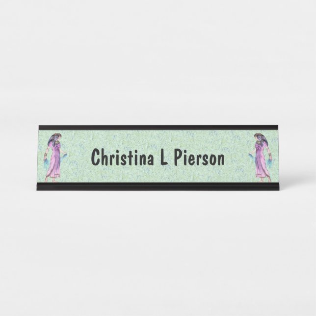 Egyptian Woman Gold Jewellery Pink Dress Green Desk Name Plate (Front)