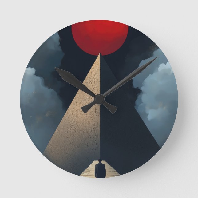 Egypt's Great Pyramids and Red Moon Round Clock (Front)