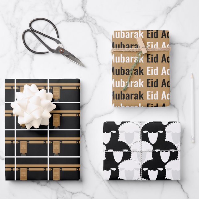 Eid Adha Mubarak Kaaba Sheep Pattern Wrapping Paper Sheet (Front)