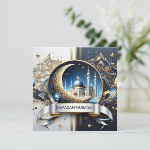 Eid Al Adha Crescent Moon Mosque Golden White Blue Holiday Card