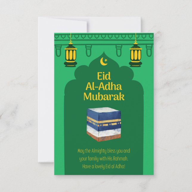 Eid Al-Adha Mubarak Card in Green and Ka'bah Image (Front)