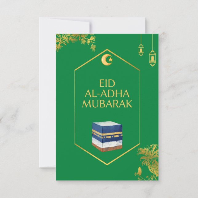Eid Al-Adha Mubarak Card in Green and Ka'bah Image (Front)