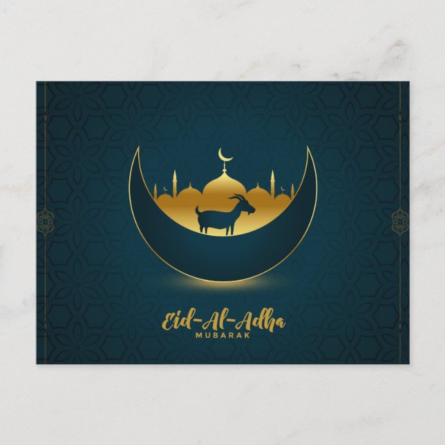 Eid al Adha Mubarak Goat Crescent Mosque Patterned Holiday Postcard (Front)
