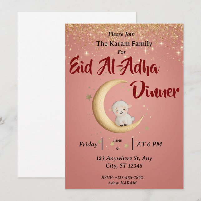 Eid  Al Adha Mubarak Pink Modern Invitation (Front/Back)