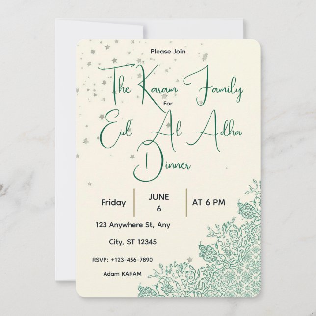 Eid  Al Adha Sage Green Dinner  Invitation (Front)