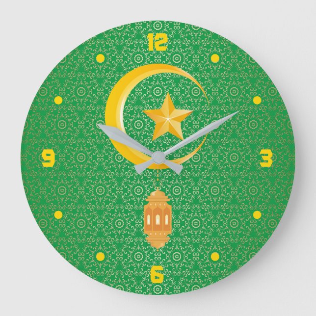Eid al Fitr Mubarak Ramadan Kareem Moon Star Large Clock (Front)