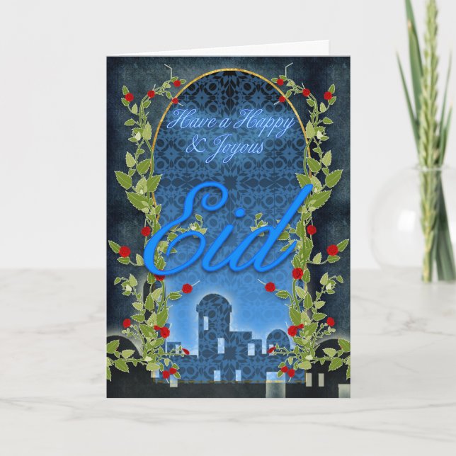 Eid Card, Happy And Joyous Eid, Blue Holiday Card (Front)