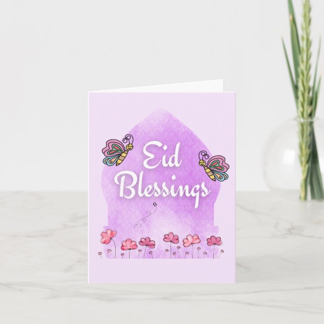 Eid Fitr Adha Blessing Butterflies Pink Card (Front)