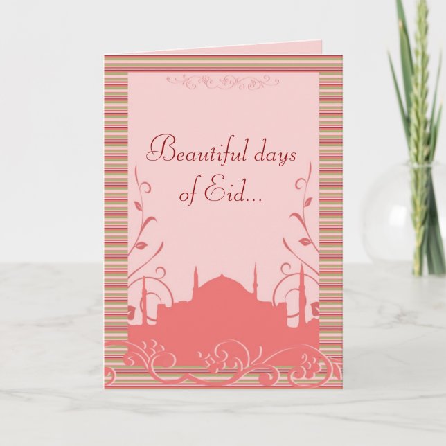 Eid greeting with mosque & flowers - customisable holiday card (Front)