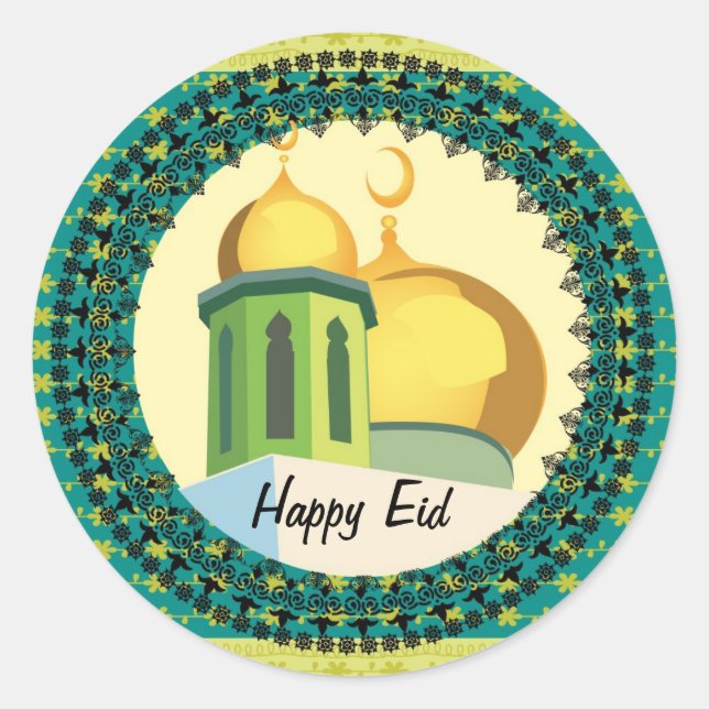 Eid Greetings yellow mosque muslim Classic Round Sticker (Front)