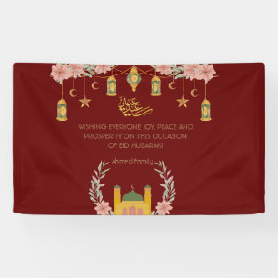 Eid Mubarak Arabic Calligraphy Floral Mosque Red Banner