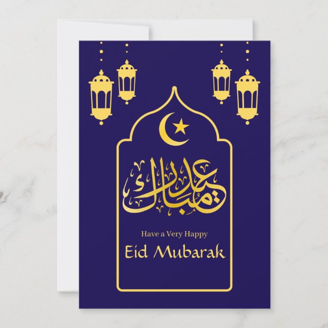Eid Mubarak Arabic Elegant Modern Blue Gold Holiday Card (Front)