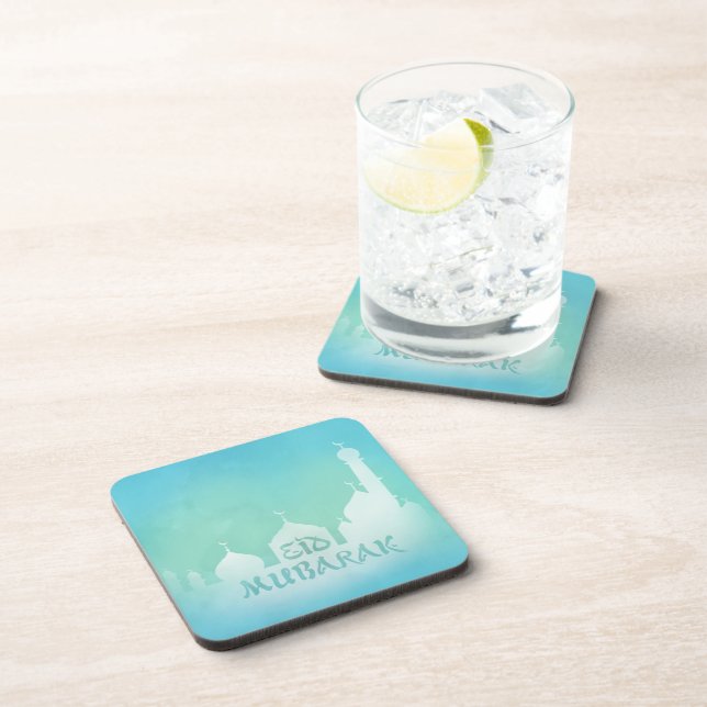 Eid Mubarak Blue Watercolor Mosque Plastic Coaster (Right Side)