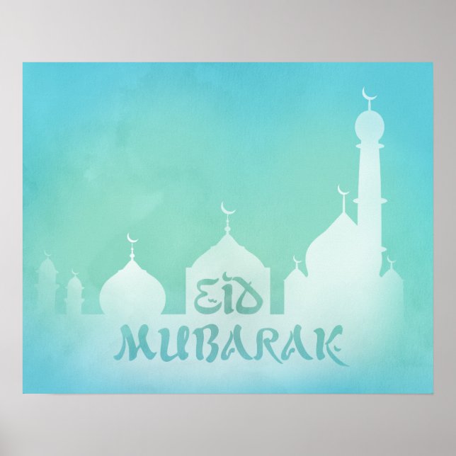 Eid Mubarak Blue Watercolor Mosque - Poster Print (Front)