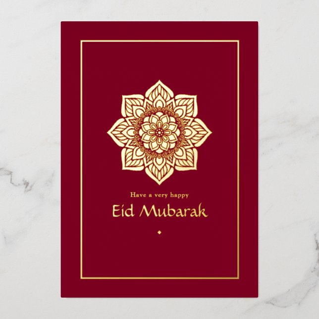 Eid Mubarak Burgundy and Gold Foil Holiday Card (Front)