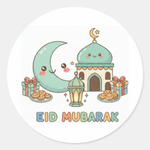 Eid Mubarak Celebration - Kawaii Smiling Moon Classic Round Sticker