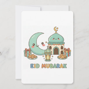 Eid Mubarak Celebration - Kawaii Smiling Moon Holiday Card