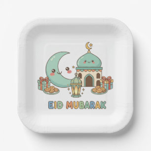 Eid Mubarak Celebration - Kawaii Smiling Moon Paper Plate