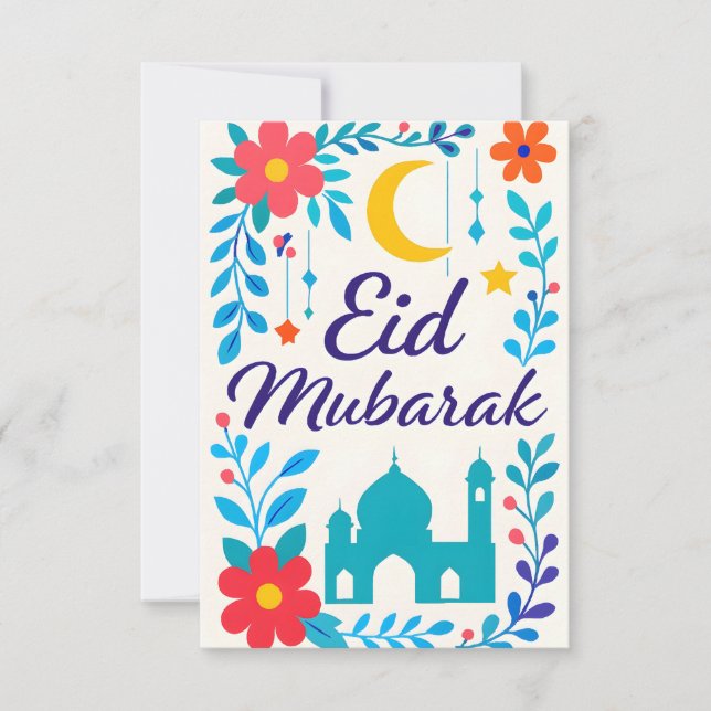 Eid Mubarak - Colorful for Kids Mosque Flowers Invitation (Front)