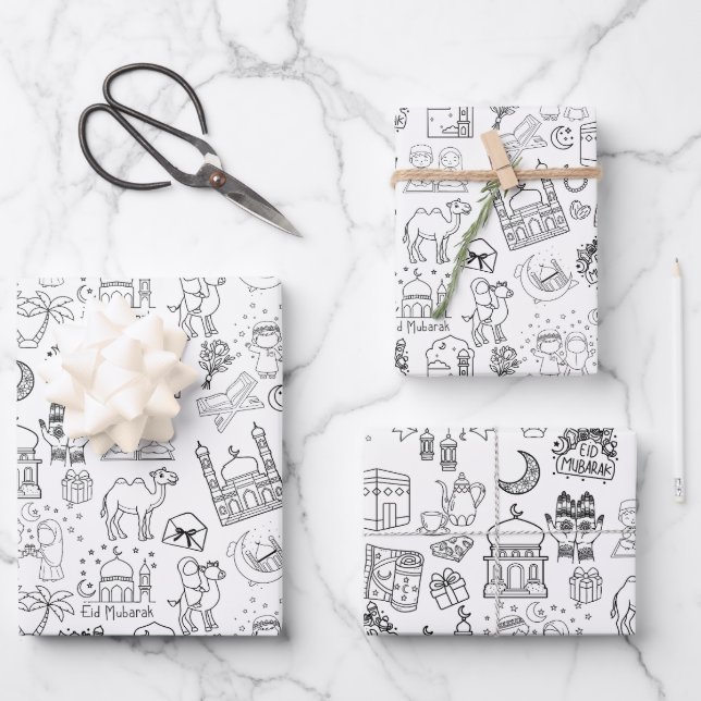 Eid Mubarak Colouring Wrapping Paper Sheets Set x3 (Front)