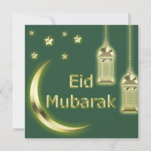 Eid Mubarak Crescent Islamic Lantern Green Golden Holiday Card