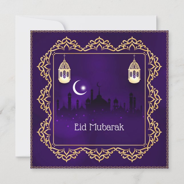 Eid Mubarak Crescent Islamic Lantern Purple Gold  Holiday Card (Front)