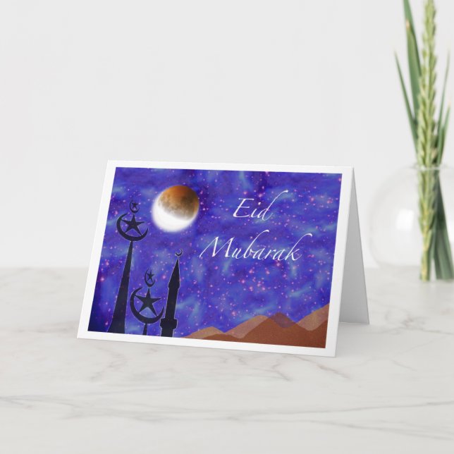 Eid Mubarak, Crescent Moon and Minarets Holiday Card (Front)