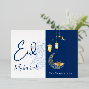 Eid Mubarak /Custom Company Name  blue Greeting  Foil Holiday Card