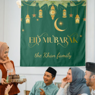 Eid Mubarak Custom Gold Green Lanterns + Moon Tapestry