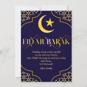 Eid Mubarak Custom Name Elegant Modern Blue Gold Holiday Card