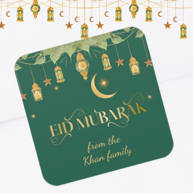 Eid Mubarak Custom Name Elegant Modern Green Gold Square Sticker (Elegant, modern "Eid Mubarak" stickers in green + gold. Personalize with a family name.)
