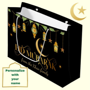 Eid Mubarak Custom Name Elegant Moon Black Gold Large Gift Bag