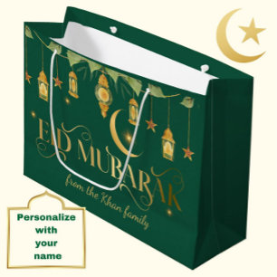 Eid Mubarak Custom Name Elegant Moon Gold Green Large Gift Bag