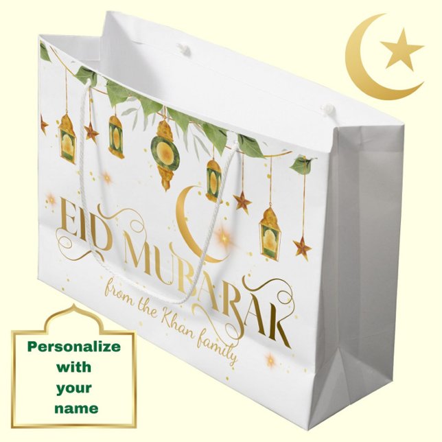 Eid Mubarak Custom Name Elegant White Gold Lantern Large Gift Bag (Personalize this modern, elegant white + gold "Eid Mubarak" gift bag for a special touch.)