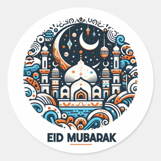 Eid Mubarak Decorated Crescent Colourful Mosque Ar Classic Round Sticker (Front)