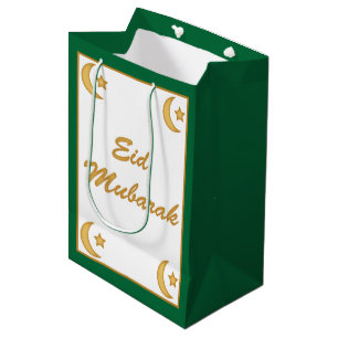Eid Mubarak Eid al Fitr Moon and Stars Green Medium Gift Bag