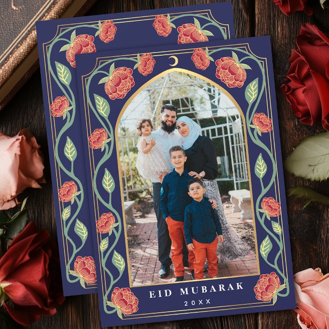 Eid Mubarak Elegant Blue Floral Photo Holiday Card (Creator Uploaded)