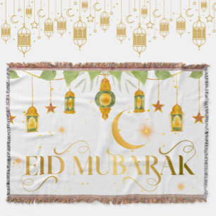 Eid Mubarak Elegant White Gold Lantern Moon Stars Throw Blanket