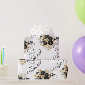 Eid Mubarak Floral Black Gold Script Calligraphy Wrapping Paper