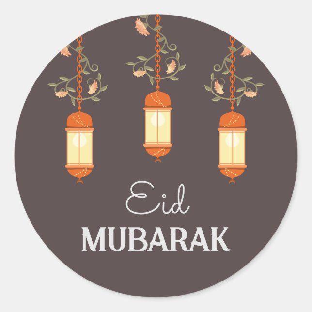 Eid Mubarak Floral Lantern Islamic Classic Round Sticker (Front)