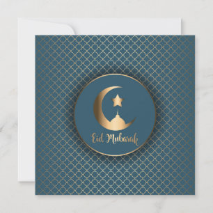 Eid Mubarak Gold Crescent Mosque Star Blue Holiday Card