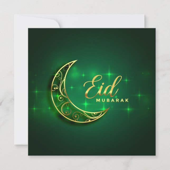 Eid Mubarak Gold Crescent Sparkle Green  Holiday Card (Front)
