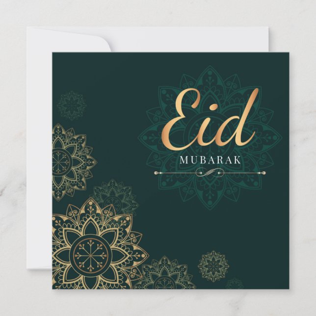 Eid Mubarak Gold Green Floral  Holiday Card (Front)