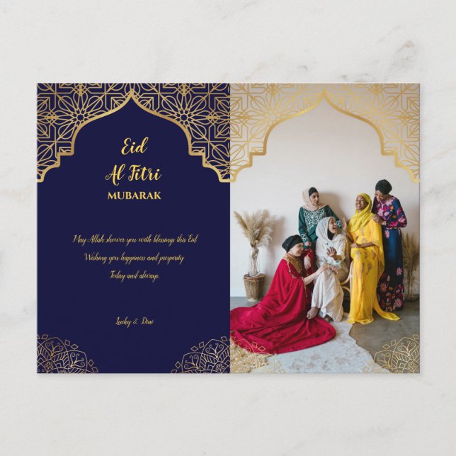 Eid Mubarak Golden Mandala Navy Blue Holiday Postcard (Front)