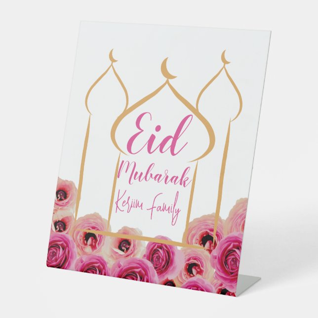 Eid Mubarak Golden Mosque Rose Blossom Purple Pedestal Sign (Front)
