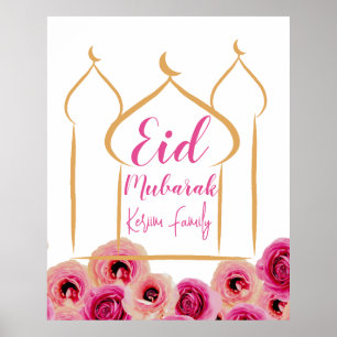Eid Mubarak Golden Mosque Rose Blossom Purple Poster