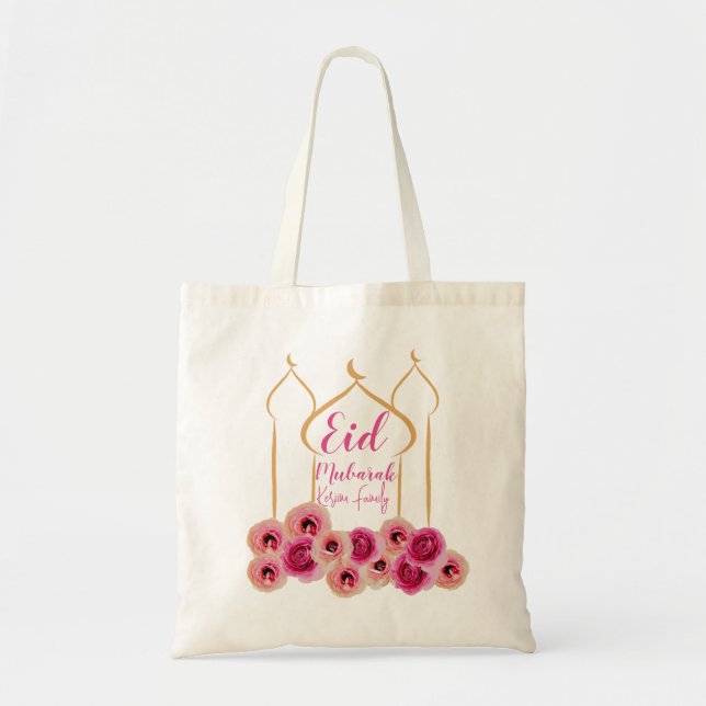 Eid Mubarak Golden Mosque Rose Blossom Purple Tote Bag (Front)